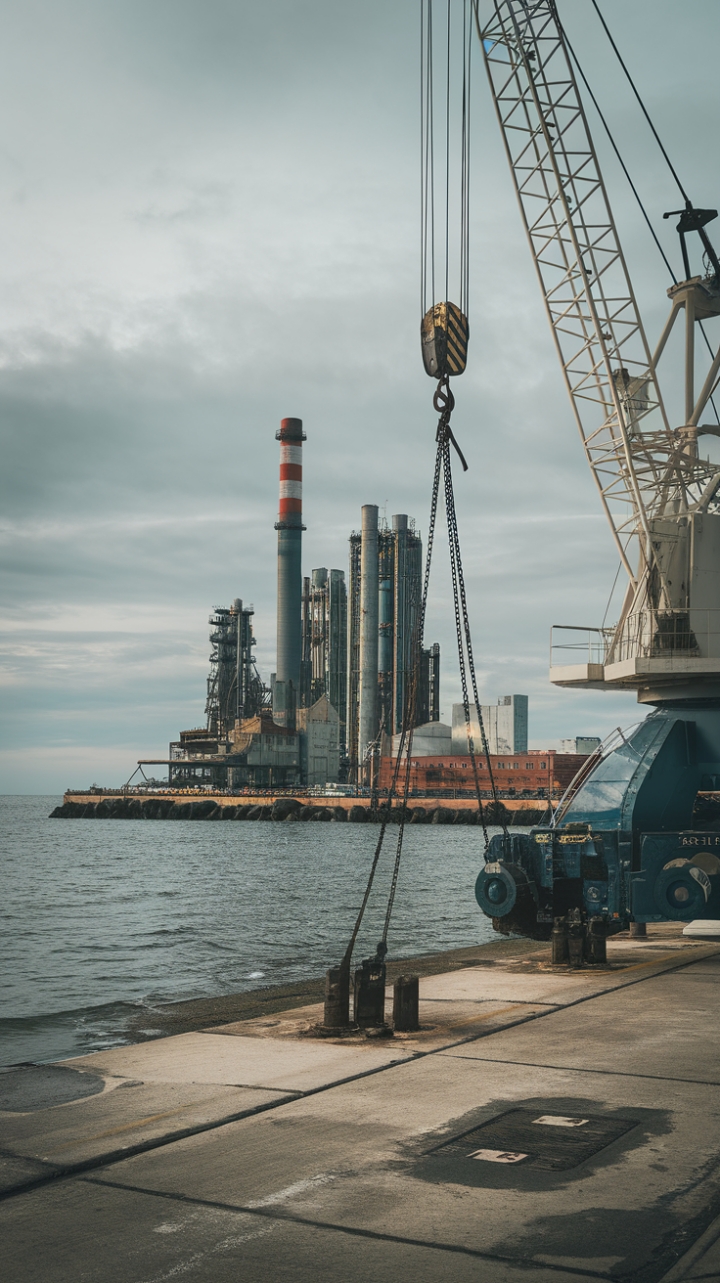 Raw, refined, and undeniably captivating. This coastal industrial scene marries the grit of a working harbor—cranes, chains, and concrete—with the sophisticated allure of nautical design. The overcast sky adds a dramatic touch, enhancing the textures and the powerful juxtaposition of nature and industry. A space where rugged charm meets refined elegance.