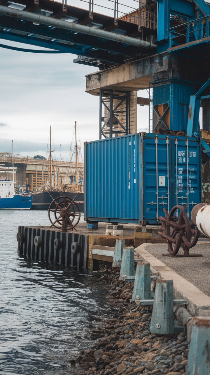 Where rugged industrial charm meets the serene rhythm of the sea. A weathered ship's wheel and imposing shipping container stand sentinel against a breathtaking harbor backdrop, their aged textures whispering tales of nautical adventures. The rocky shoreline adds a touch of raw, natural beauty, perfectly complementing the sophisticated industrial chic aesthetic.