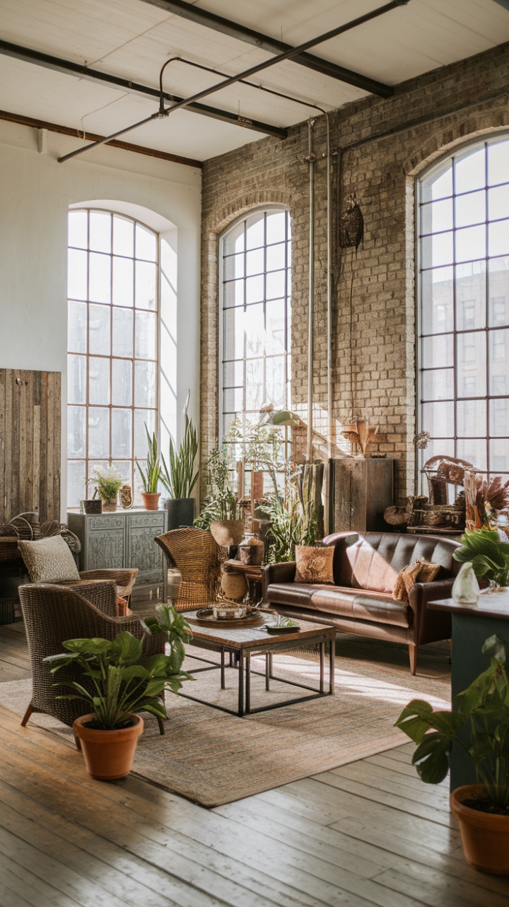 Industrial grit meets bohemian soul in this sun-drenched loft. High ceilings and exposed brick provide a dramatic backdrop for a carefully curated collection of vintage finds and modern design elements. The interplay of metal and wood, softened by pops of greenery and eclectic furnishings, creates a space that's both captivating and incredibly inviting. A true testament to the beauty of blending contrasting styles.