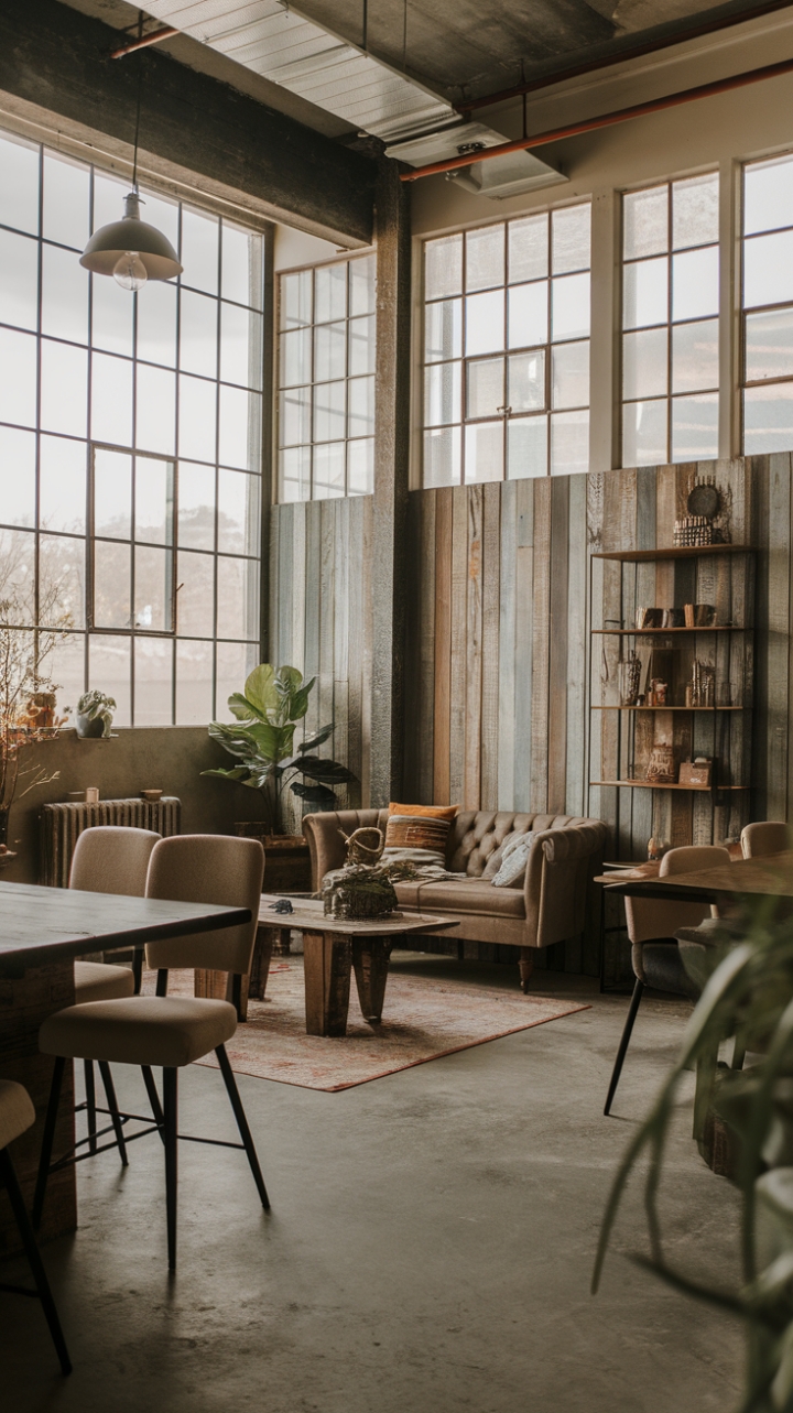 Where industrial grit meets bohemian soul. High ceilings and expansive windows flood this stunning space with light, highlighting the rich textures of reclaimed wood, aged metal, and comfortable upholstery. A symphony of vintage accents and lush greenery completes the look, creating a haven that's both inviting and undeniably chic.
