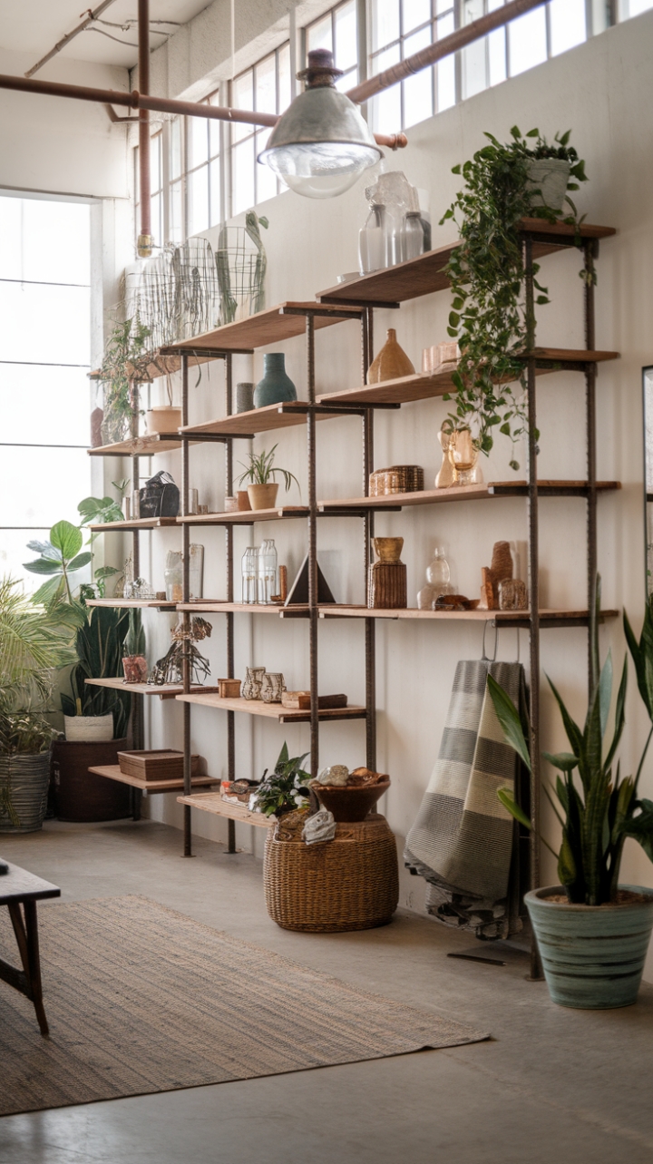 Raw textures meet refined details in this captivating boho-industrial loft. High ceilings and abundant natural light bathe the space in warmth, highlighting the rich tones of reclaimed wood shelving and a striking metal light fixture. A carefully chosen array of plants, decorative objects, and a rustic rug complete the look, creating a haven that's both stylish and incredibly lived-in.