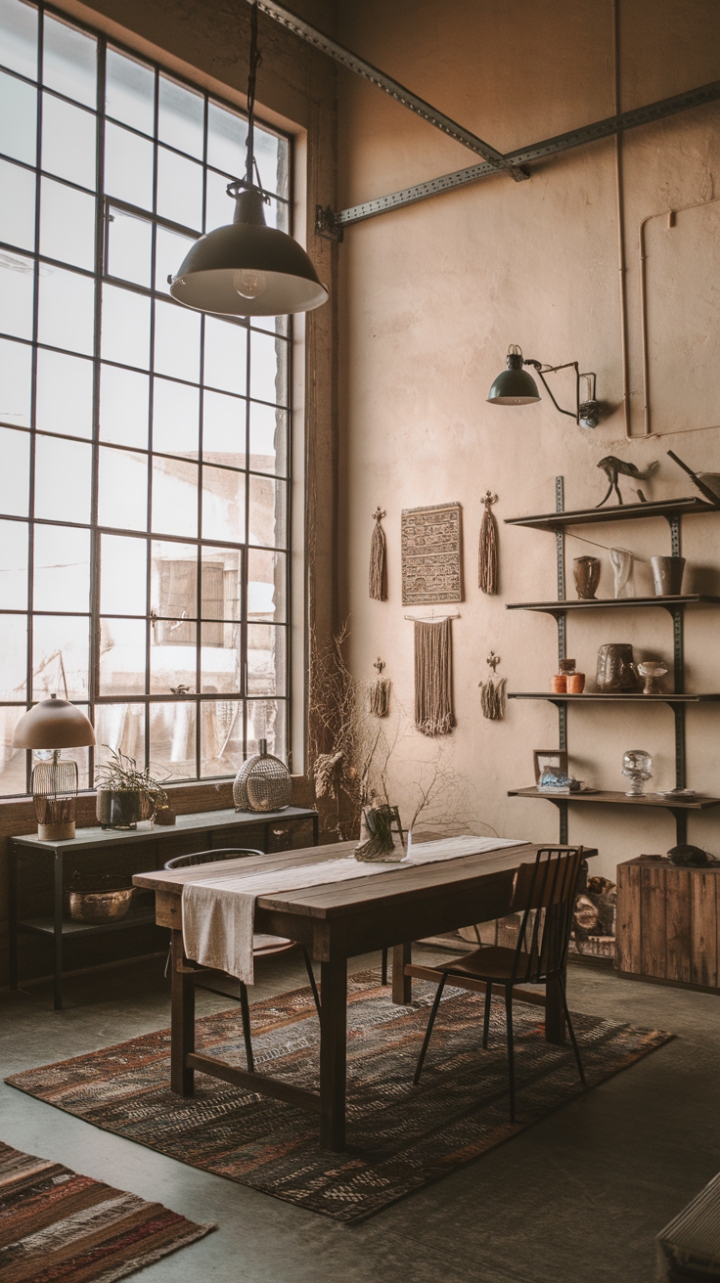 Ready to infuse your space with soulful charm? This boho-industrial haven boasts soaring ceilings, sun-drenched windows, and a captivating blend of rustic wood, gleaming metal, and vintage finds. A white-clothed table anchors the scene, inviting gatherings under a warm, ambient glow. The eclectic mix of textures and patterns creates a space that's both inviting and utterly unique.