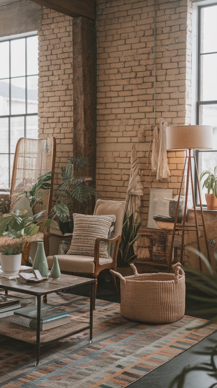 Raw industrial style gets a bohemian makeover. This living room is a masterclass in eclectic design, blending exposed brick and wooden beams with richly textured textiles, vintage finds, and lush greenery. The result? A space that's undeniably chic, yet wonderfully lived-in and inviting.