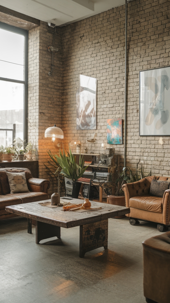 Craving a living room that's both lived-in and luxuriously layered? This eclectic space masterfully blends vintage furniture with industrial grit and bohemian flair. A large, reclaimed wood table takes center stage, surrounded by a captivating mix of textures and styles – from rustic accents to modern lighting, creating a space that's as inviting as it is uniquely stylish.