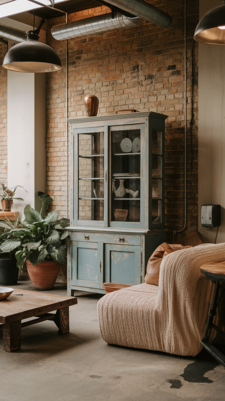 Industrial grit meets bohemian soul in this eclectic living space. A modern sofa in rich, textured fabric anchors the room, its comfort juxtaposed against the raw beauty of exposed brick and a concrete floor. A vintage wooden cabinet and rustic coffee table add layers of character and history, while a strategically placed potted plant injects a touch of organic life. The result? A captivating blend of textures and styles that's both effortlessly cool and incredibly inviting.