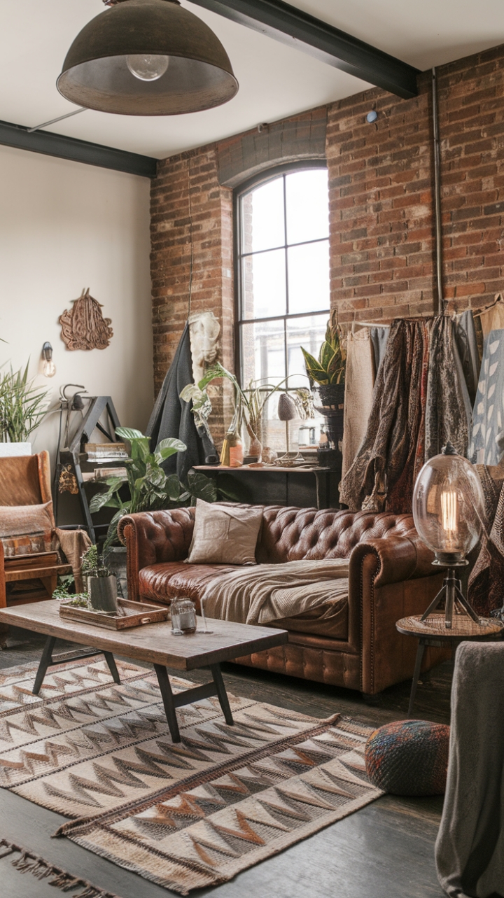 Unleash your inner bohemian in this captivating living room where industrial grit meets rustic charm. A worn leather sofa anchors the space, its vintage appeal complemented by a wooden coffee table and a statement industrial light fixture. Exposed brick walls add texture, while a geometric rug grounds the eclectic mix of furniture and accessories. Plants, textiles, and decorative accents complete the look, creating a haven of relaxed sophistication.