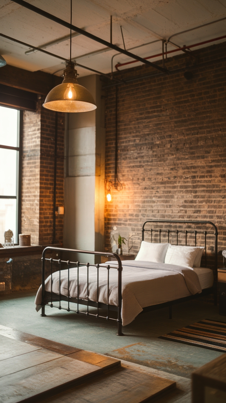 Raw urban grit meets refined comfort in this industrial loft bedroom. Exposed brick, a minimalist metal bed frame, and vintage lighting create a space that's both edgy and inviting. The warm glow perfectly complements the raw concrete and wood flooring, showcasing a sophisticated blend of textures and tones.
