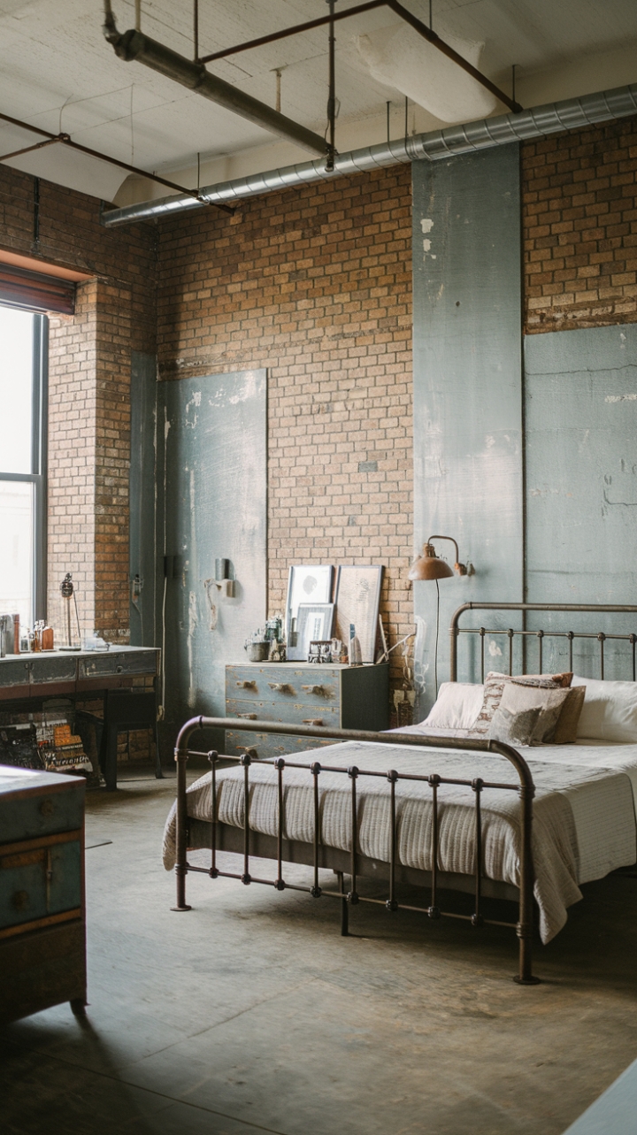 Raw textures and reclaimed soul meet in this industrial haven. Exposed brick whispers stories of the past, while a minimalist aesthetic keeps the focus on the interplay of metal, wood, and vintage charm. The result? A bedroom that's both strikingly modern and deeply inviting.
