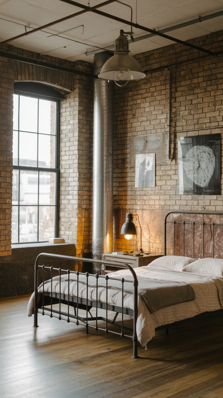 This industrial-style bedroom is a masterclass in minimalist design. The exposed brick walls and metal furniture create a dramatic backdrop, while carefully curated artwork and vintage lighting add warmth and personality. The result? A sophisticated and surprisingly cozy urban retreat.