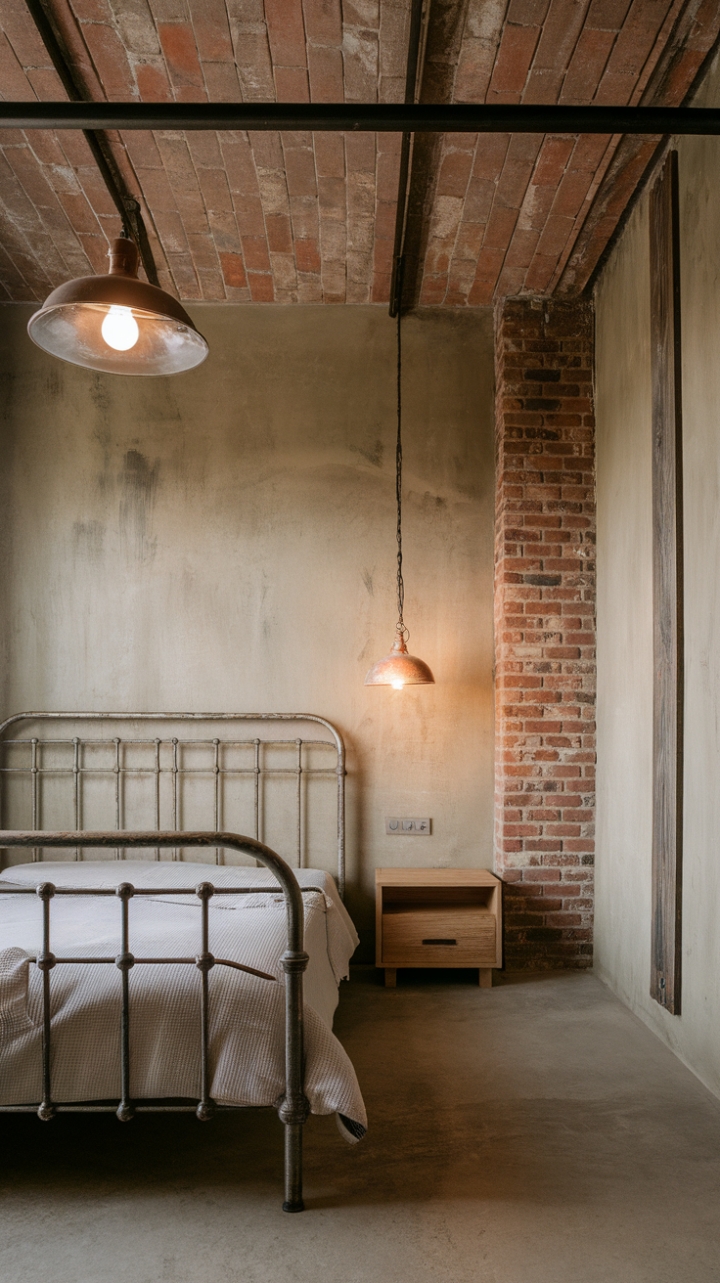 Raw textures and reclaimed soul meet in this industrial haven. A vintage pendant light casts a warm glow on distressed metal, aged wood, and exposed brick, creating a bedroom sanctuary that's both rugged and refined. The concrete floor grounds the space, while carefully chosen raw materials add a touch of unexpected artistry.