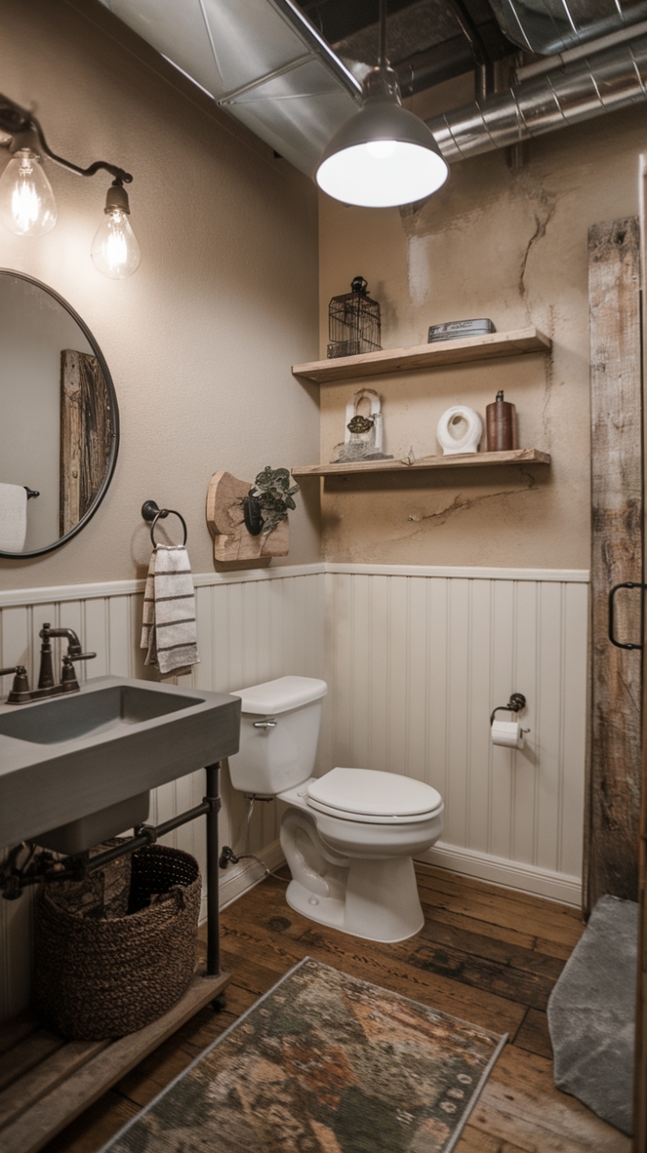 Rustic charm meets industrial edge in this farmhouse bathroom. Neutral tones create a serene atmosphere, while exposed pipes and a vintage light fixture add character. Reclaimed wood and a cozy rug complete the look, blending vintage style with modern functionality.