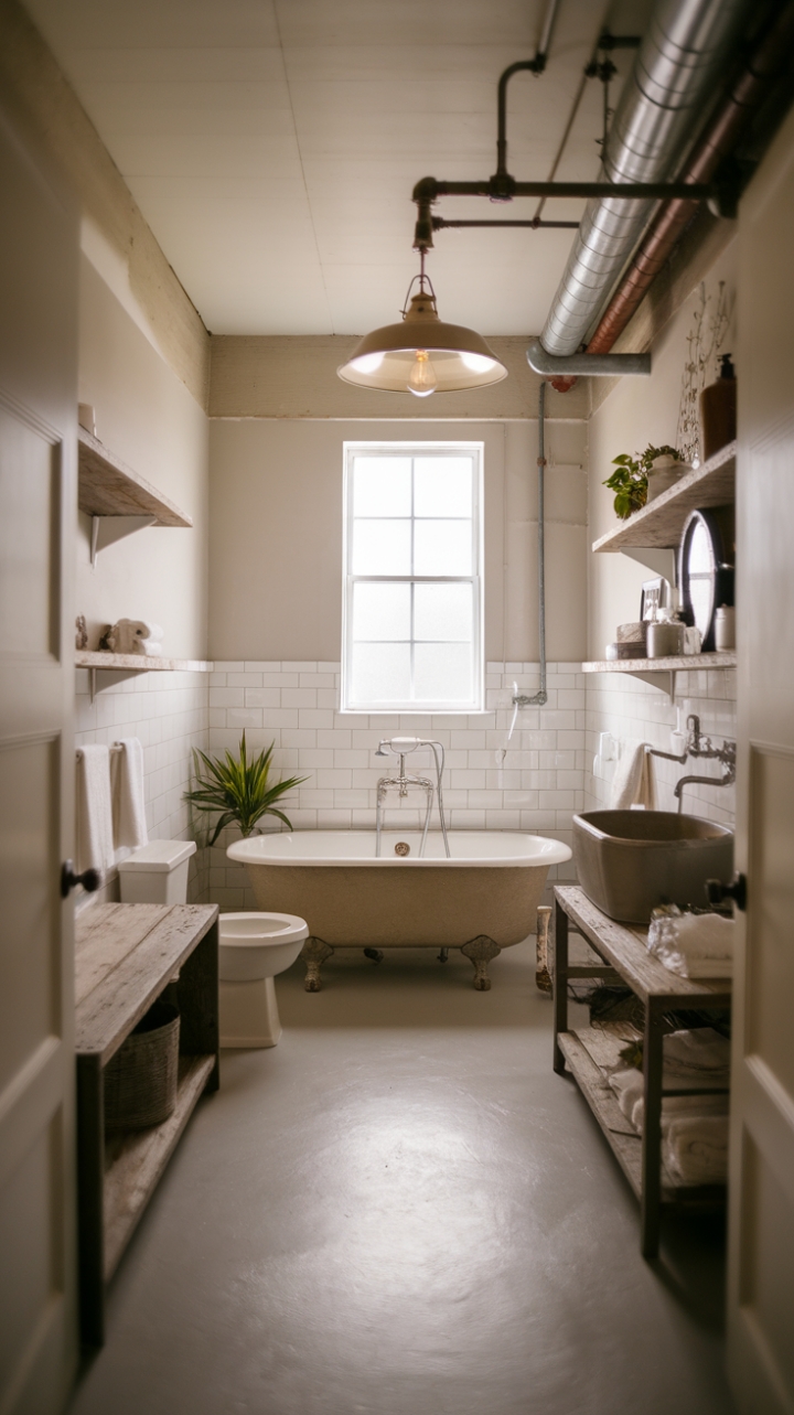 Ready to fall in love with a bathroom that seamlessly blends rustic charm and industrial edge? A vintage-inspired light fixture casts a warm glow over a beige tub, while reclaimed wood shelves and exposed pipes add character and texture against a backdrop of crisp white walls and a cool gray floor. The perfect blend of vintage and modern, this space is both stylish and inviting.