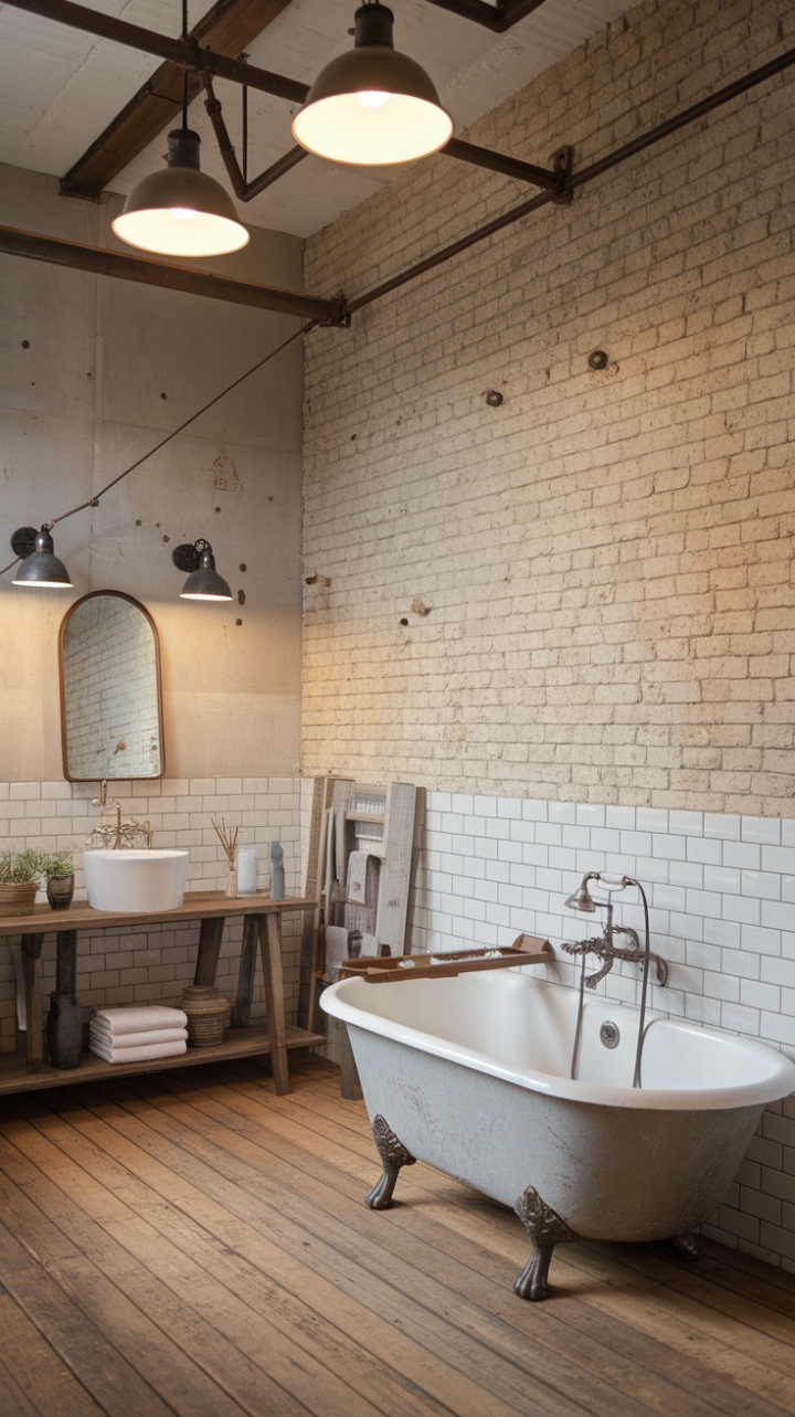 Imagine sinking into the clawfoot tub after a long day, surrounded by the raw beauty of reclaimed materials and the soft glow of industrial lighting. This isn't just a bathroom; it's a statement of refined rusticity, a space where history and modern comfort collide in perfect harmony. The vintage mirror and carefully chosen accents add personality and warmth to this captivating retreat.