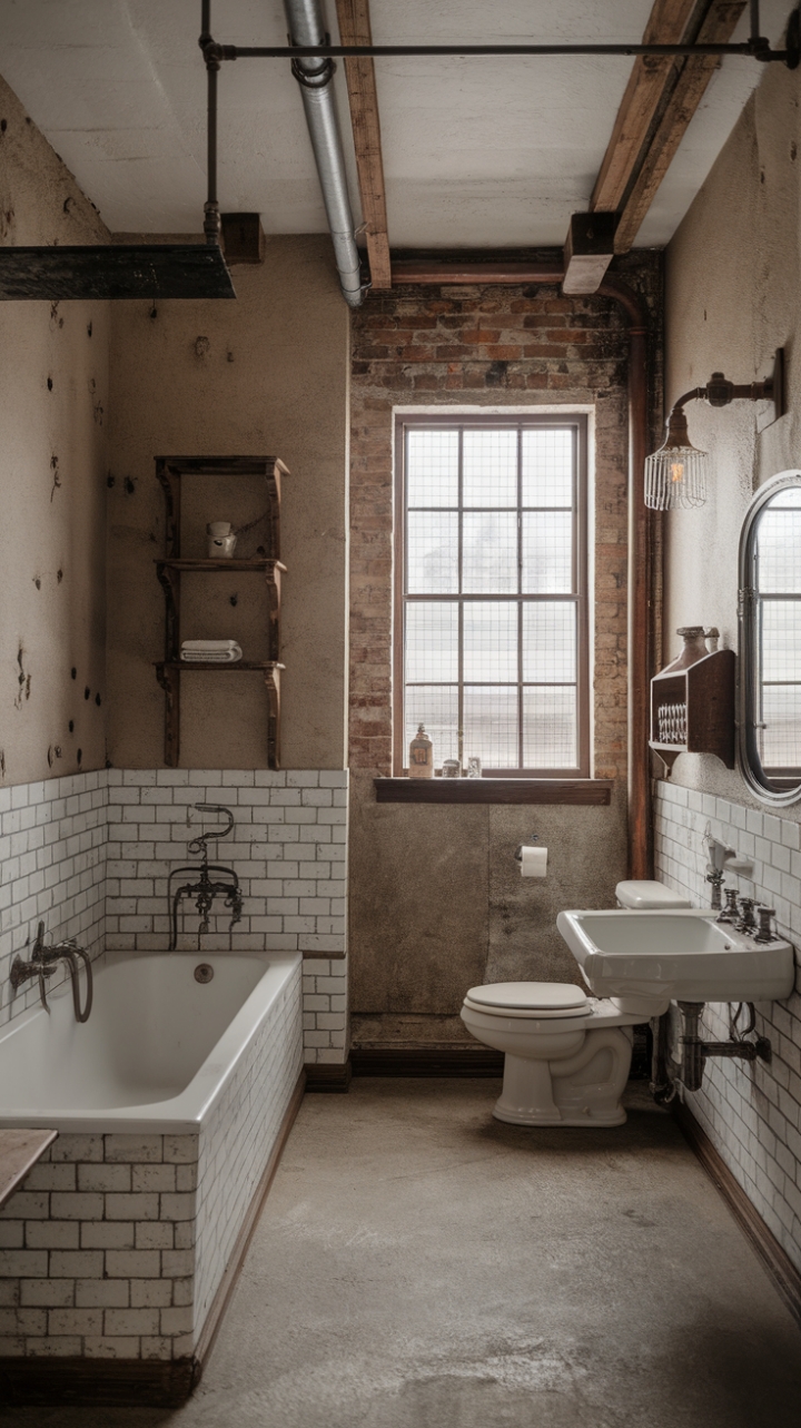 Raw, honest, and utterly captivating, this bathroom's industrial-farmhouse fusion is a masterclass in textural contrast. Exposed brick walls whisper stories of the past, while vintage plumbing fixtures and reclaimed wood accents add a touch of refined rusticity. The concrete floor and wire-mesh window complete the look, creating a space that's both strikingly modern and comfortably lived-in.