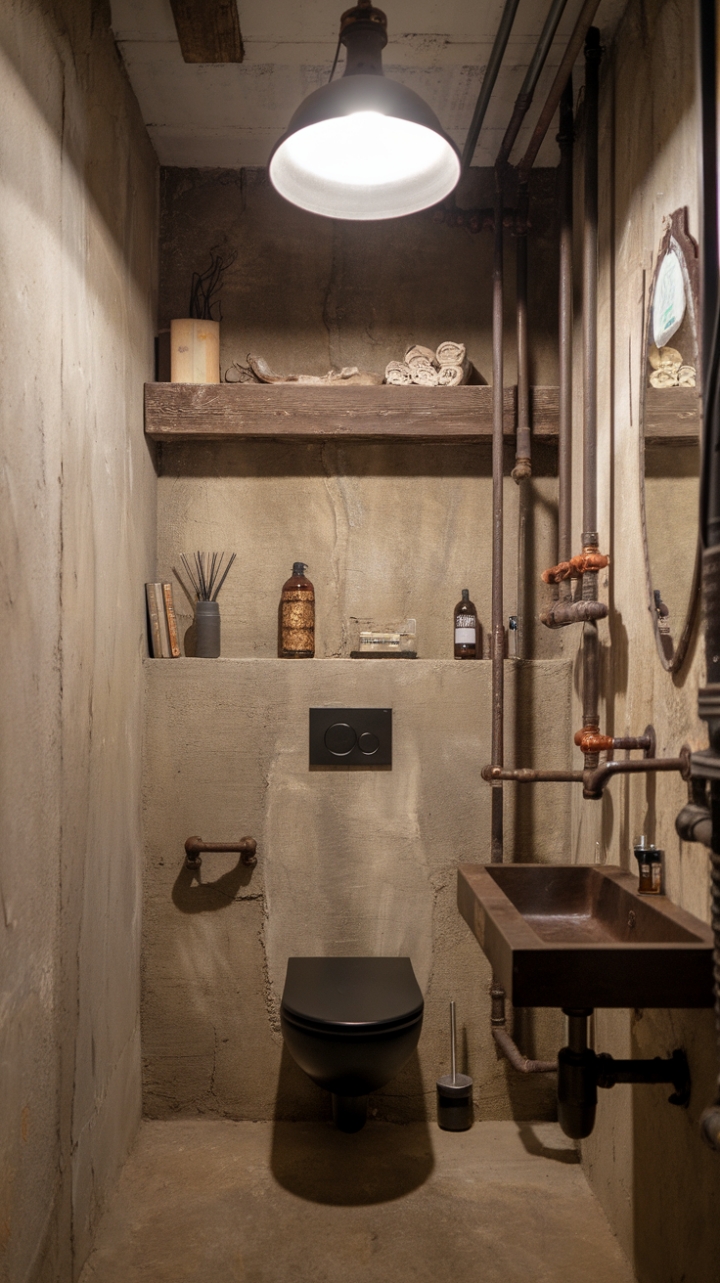 Unleash your inner urbanite in this factory-inspired bathroom. The marriage of raw concrete, exposed piping, and vintage industrial accents results in a space that's both strikingly modern and undeniably cool. A rustic wooden shelf adds a touch of warmth, while the aged concrete floor and vintage lighting fixture anchor the design, creating a truly unique and captivating bathroom experience.