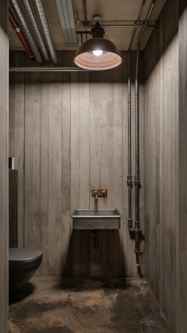 Unpolished concrete floors and walls meet modern minimalism in this striking bathroom. Exposed pipes add a touch of raw industrial charm, while a vintage light fixture casts a warm glow, softening the space's edgy appeal.