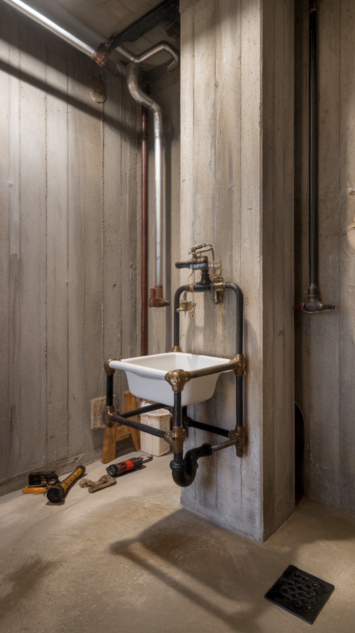 Unrefined and undeniably cool, this bathroom embraces its industrial roots. A stark concrete shell is softened only by the crisp white of the vintage sink, perched dramatically on a concrete pillar. The scattered tools and flashlight add a touch of playful grit, while the exposed plumbing speaks to a raw, authentic design.