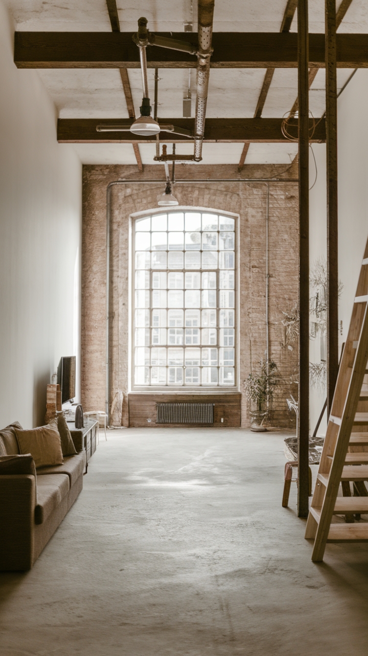 Ready to rethink urban chic? Raw brick walls meet soaring ceilings in this minimalist haven, where vintage pipe lighting and a reclaimed wood ladder add unexpected warmth against the cool concrete floors. The large window, framed by rustic wooden beams, floods the space with natural light, creating an airy and inviting atmosphere.