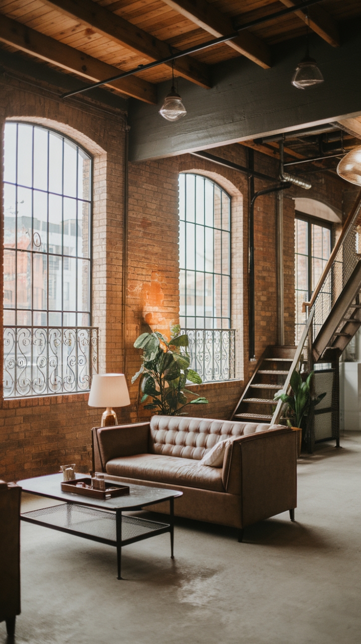 Imagine cozy evenings in this stunning industrial loft. Exposed brick walls whisper stories of the past, while modern minimalist furniture and a touch of greenery create a surprisingly inviting space. The raw materials and vintage fixtures add character, making this urban sanctuary both stylish and comfortable.