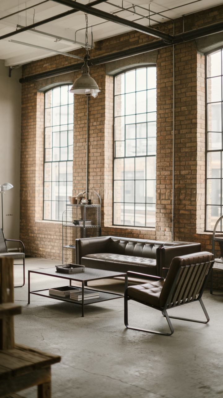 Concrete floors, exposed brick, and a neutral palette form the foundation of this stunning industrial-style loft. Reclaimed wood and metal furniture pieces add warmth and texture, creating a sophisticated yet lived-in atmosphere. The minimalist design allows the raw beauty of the space to shine.