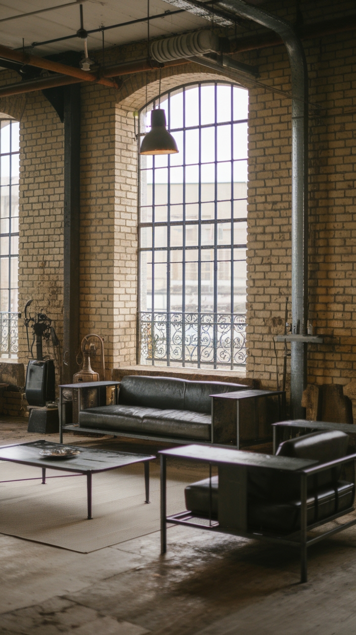 Imagine waking up to this view: Exposed brick walls, a minimalist haven, and the cool gleam of metal furniture. This industrial-style living room is a masterclass in urban sophistication, blending raw materials with vintage flair for a space that's both stylish and surprisingly inviting. The large window, framed by iron bars, adds a touch of unexpected drama.