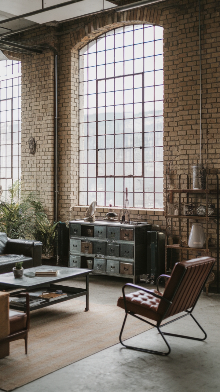 Raw urban grit meets refined industrial chic. Exposed brick, a concrete canvas, and vintage finds create a living space that's both strikingly modern and undeniably soulful. The minimalist aesthetic, punctuated by a lush green plant and the soft glow of natural light filtering through the gridded window, speaks volumes about understated elegance.