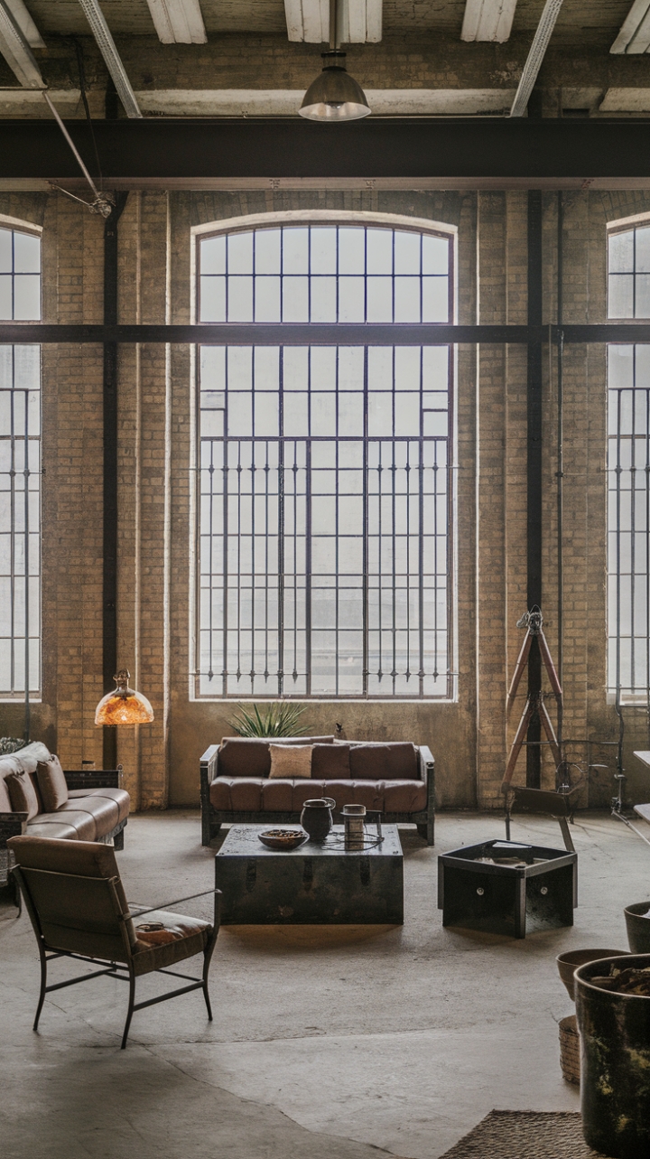 Unveiling the ultimate industrial chic sanctuary: A high-ceilinged loft, defined by exposed brick walls, a concrete floor, and the raw beauty of metal furnishings. Vintage touches and strategic pops of greenery add unexpected warmth to this minimalist masterpiece.
