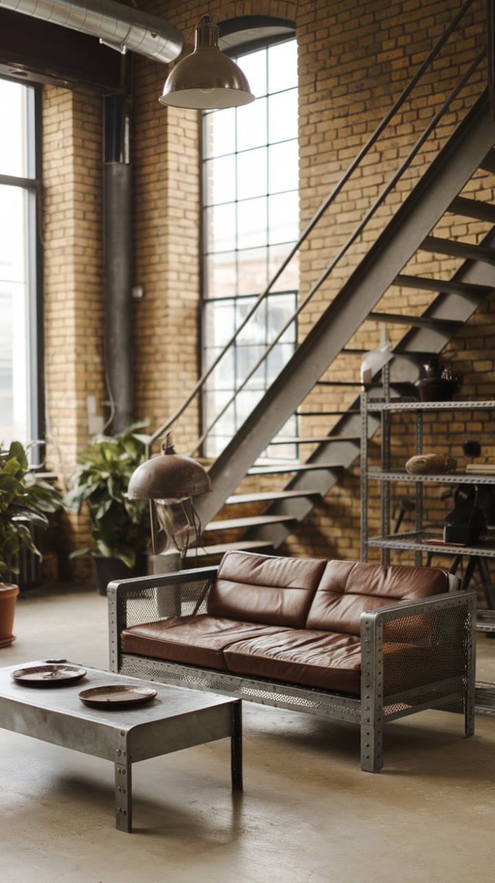 Raw urban grit meets refined industrial chic. Exposed brick whispers stories of the past, while a sleek metal staircase and minimalist furnishings create a modern loft haven. The perfect blend of texture and light, this space is a testament to understated elegance.