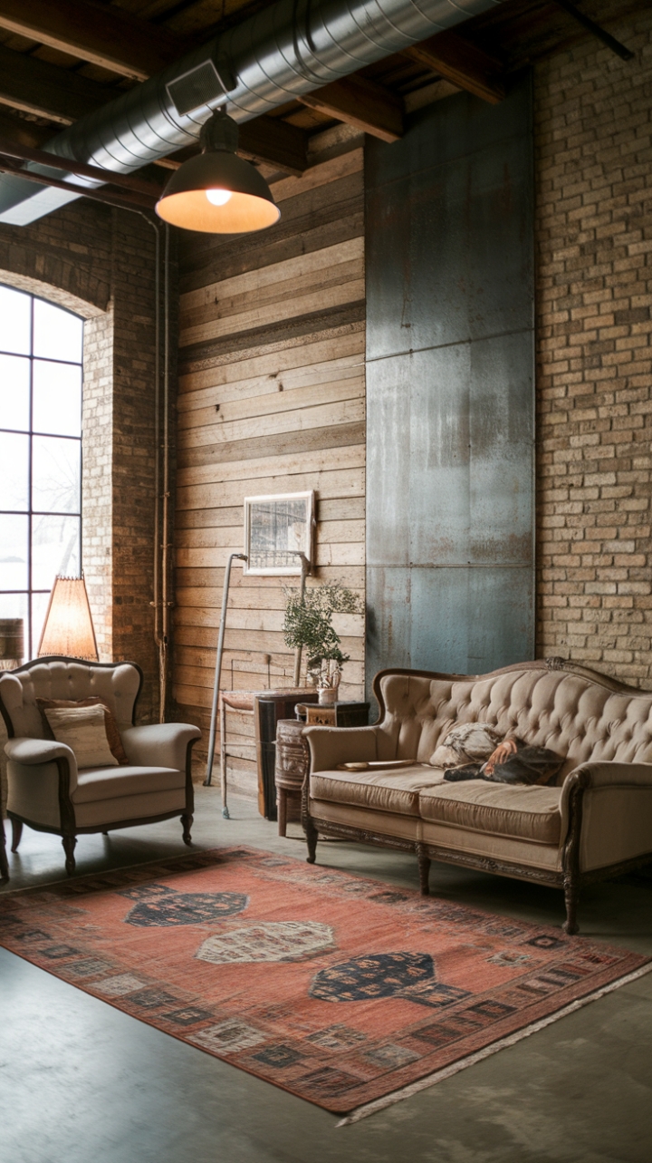 Raw textures and vintage finds unite in this captivating industrial farmhouse living room. Exposed brick walls whisper stories of the past, complemented by reclaimed wood accents and a striking metal detail. The cozy ambiance is further enhanced by a plush vintage rug and a dramatic industrial light fixture, creating a space that's both stylish and inviting.
