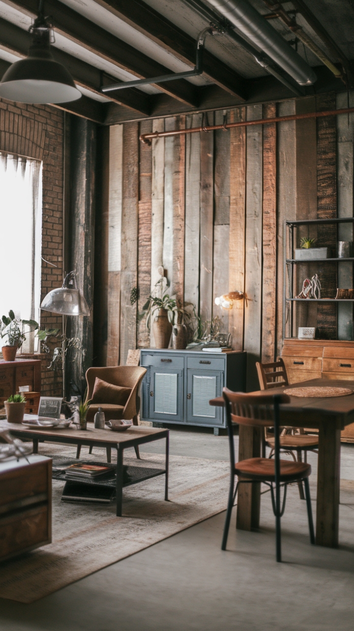 Raw textures and vintage finds collide in this stunning industrial farmhouse living room. Exposed brick, reclaimed wood, and metal accents create a dynamic interplay of materials, while a cozy rug and plush seating invite relaxation. This space masterfully blends rustic warmth with industrial cool, resulting in a truly unique and inviting atmosphere.