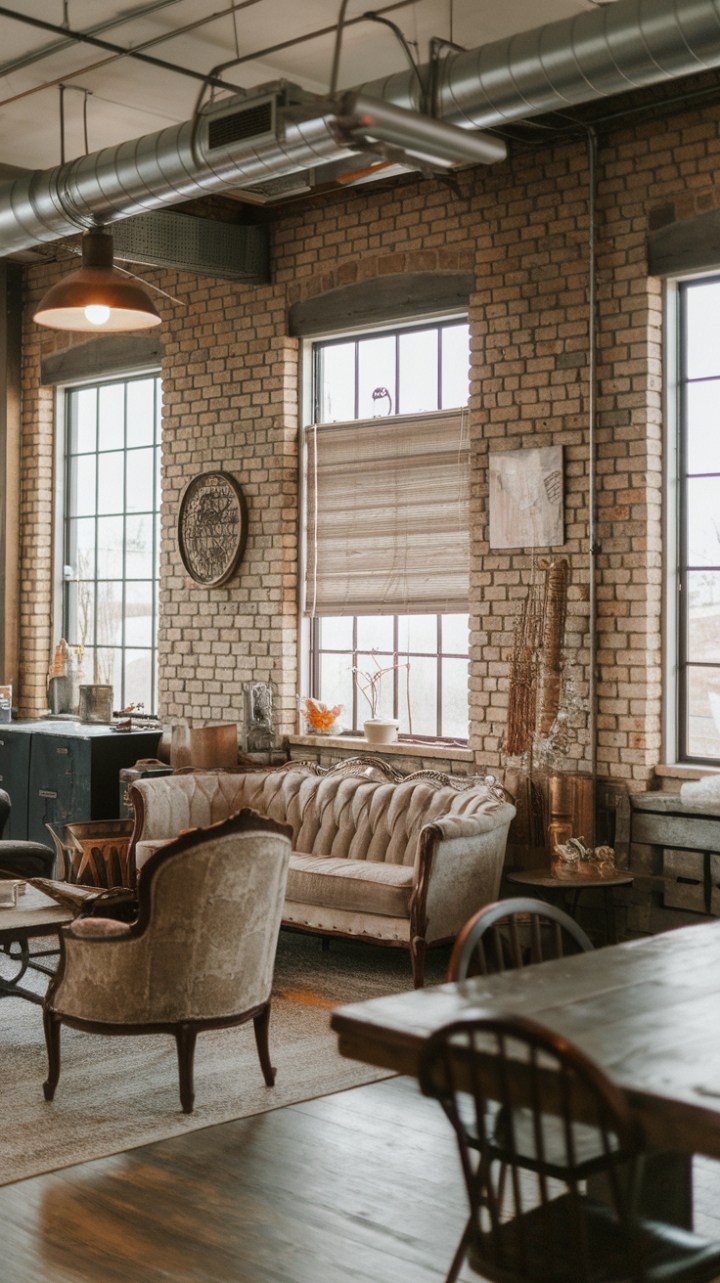 Raw textures and refined details unite in this captivating industrial farmhouse space. Vintage furniture pieces share the spotlight with exposed brick and metal accents, resulting in a lived-in yet luxurious atmosphere. The interplay of light and shadow, soft furnishings and hard lines, makes this room a true design masterpiece.