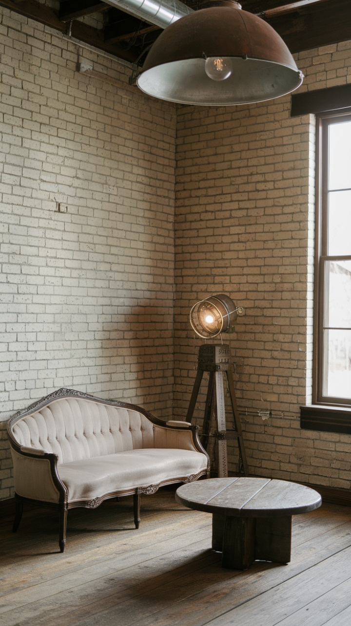 Ready to fall in love with rustic-industrial charm? A vintage sofa in creamy beige, perched on reclaimed wood floors, anchors this space. The aged wood coffee table and a towering, vintage-style lamp add to the lived-in luxury, all set against a backdrop of exposed brick and a dramatic industrial light fixture. The perfect blend of rugged and refined.