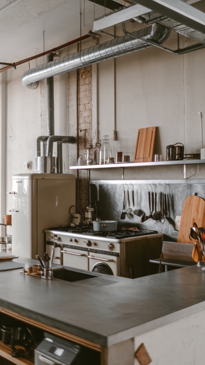Raw concrete meets refined living in this industrial loft kitchen. Vintage appliances hum alongside exposed pipes, a testament to urban chic. Warm wood accents—a butcher block, a utensil caddy—soften the metallics and concrete, creating a space that's both edgy and inviting.