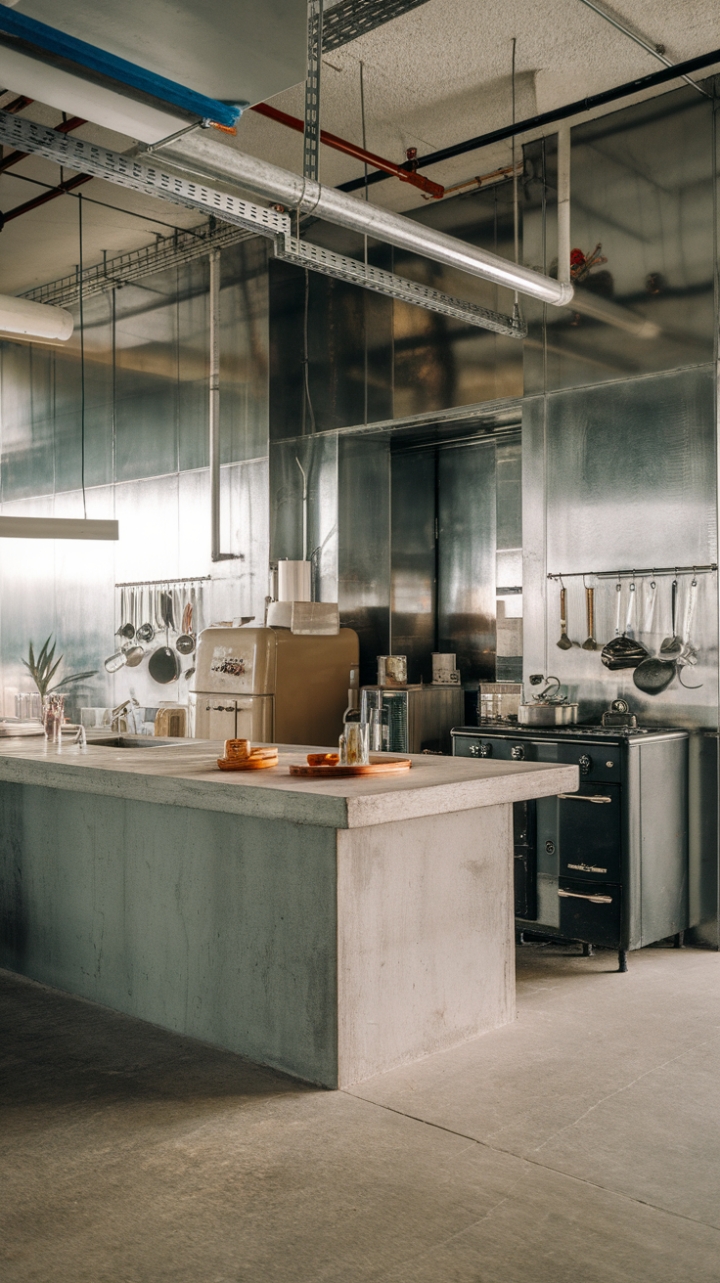 Craving a kitchen with serious character? This loft-style space boasts a concrete foundation, vintage appliances, and exposed industrial pipes—a recipe for raw, urban cool. The metallic finishes and minimalist design create a surprisingly sophisticated atmosphere, perfect for the modern homeowner who appreciates a touch of the unexpected.