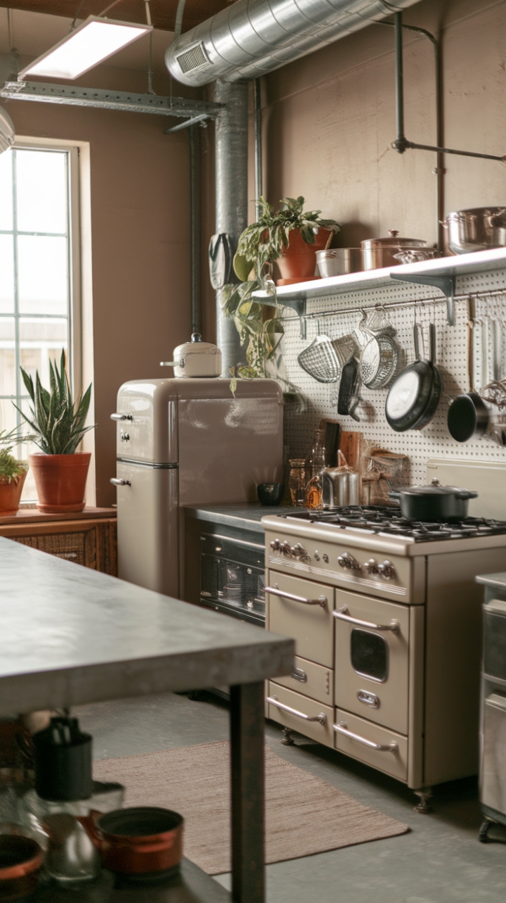 Exposed pipes and a concrete countertop form the backbone of this strikingly modern kitchen. The vintage appliances add a touch of nostalgic charm, while strategically placed potted plants bring a breath of fresh air to this otherwise metallic haven. The subtle beige walls create a calming backdrop, allowing the industrial elements to truly shine.