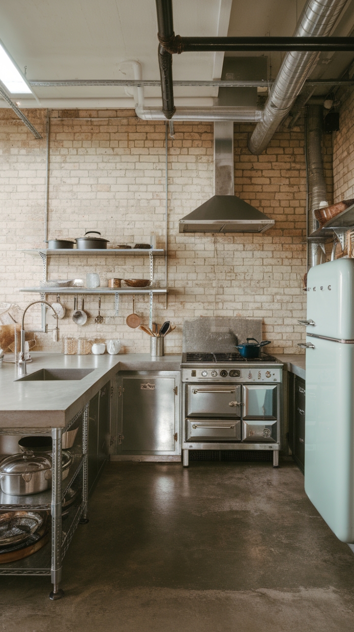 Ready to trade your farmhouse sink for something a little grittier? This industrial kitchen's exposed brick, metallic accents, and vintage appliances create a space that's both strikingly modern and undeniably cool. The concrete countertops and floors add a raw, urban edge, while the open shelving keeps things feeling airy and uncluttered.