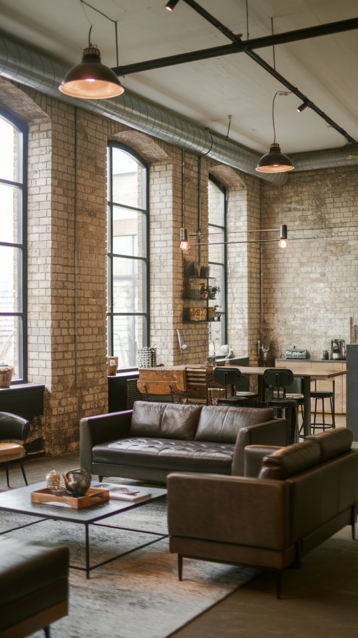 Craving a space that's both edgy and inviting? This contemporary loft showcases the beauty of raw materials. Exposed brick, industrial lighting, and a curated mix of metal and wood furniture come together to define modern industrial style at its finest—a testament to the power of unadorned elegance.