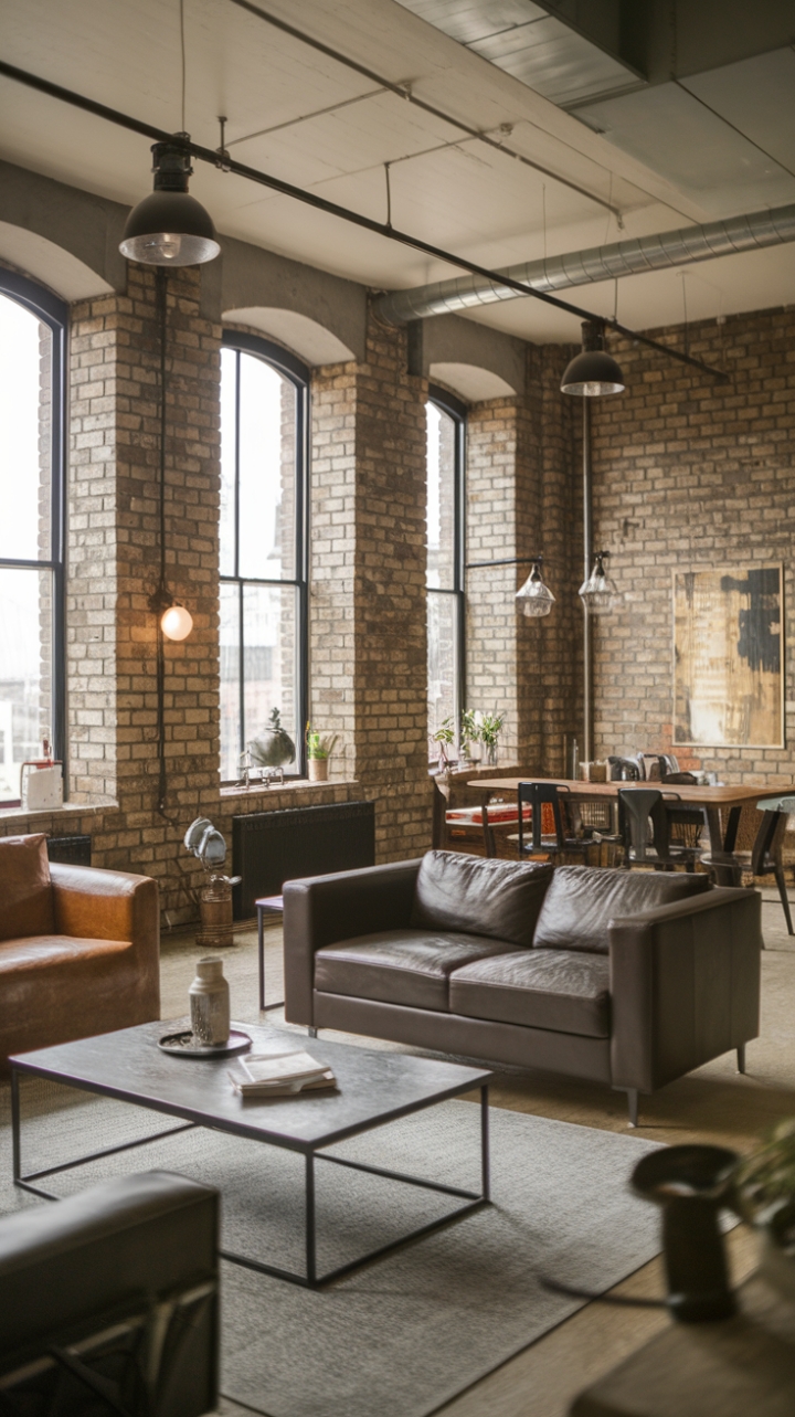 Exposed brick and industrial lighting define the space, yet the carefully curated mix of textures and materials keeps the aesthetic from feeling cold. This is industrial chic redefined—a space that's both edgy and inviting.