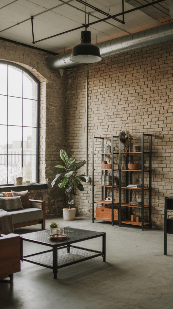 Concrete jungle chic redefined. This industrial-style living room is a masterclass in minimalist design, showcasing the beauty of raw materials. Exposed brick walls, a striking metal and wood furniture arrangement, and minimalist décor create a space that's both bold and inviting. The perfect blend of urban edge and sophisticated simplicity.