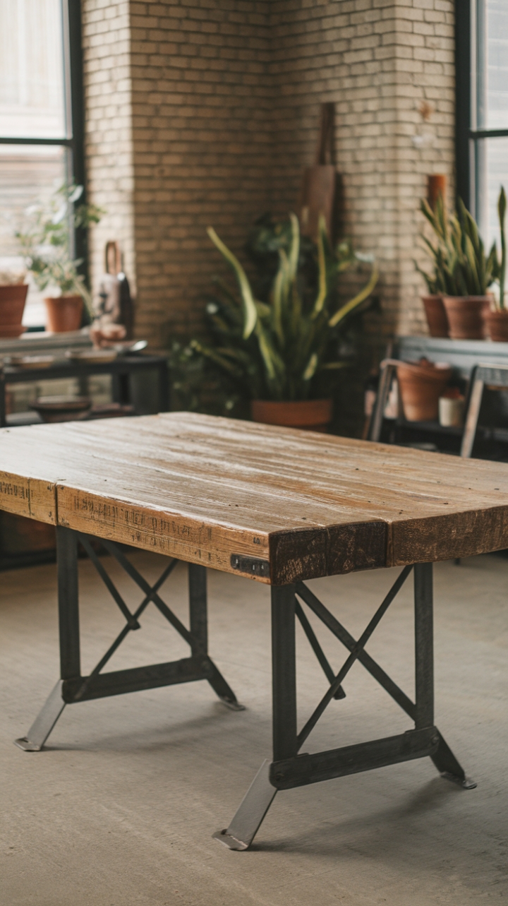 Ready to fall in love with rustic charm? This reclaimed wood dining table, grounded by a sleek steel base, anchors an industrial kitchen with exposed brick and vintage cookware, creating a space that's both lived-in and utterly captivating. The distressed wood whispers tales of time, while the modern base adds a touch of unexpected sophistication.
