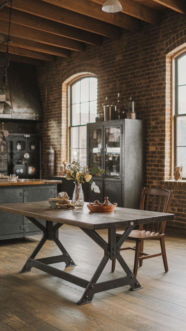 Imagine cozy evenings spent around this stunning reclaimed wood table, the warm glow of the lighting reflecting off the steel base, in a space that effortlessly blends industrial grit with rustic charm. The exposed brick and wooden ceiling create a backdrop of raw, natural beauty, perfectly complemented by the vintage kitchen pieces. This is more than just a kitchen; it's a statement.