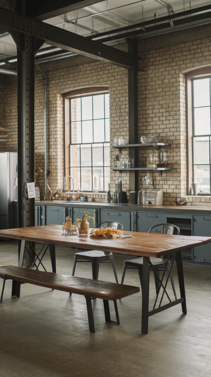 Craving a kitchen that's as captivating as it is functional? This rustic dining table, crafted from reclaimed wood and steel, is the star of this industrial-inspired haven. The exposed brick and steel beams add to the raw beauty, while the simple seating arrangement keeps the focus where it belongs—on that stunning table.