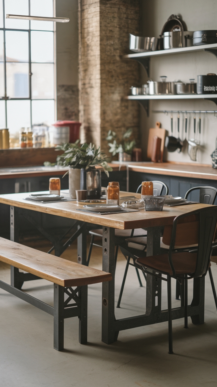 Raw, reclaimed wood meets sleek steel in this industrial-chic kitchen. A vintage farmhouse table anchors the space, its rustic charm perfectly complementing the modern loft setting. The warm glow of the wood contrasts beautifully with the cool metal accents, creating a captivating blend of textures and styles. A perfect gathering spot for friends and family, this kitchen is as functional as it is aesthetically stunning.