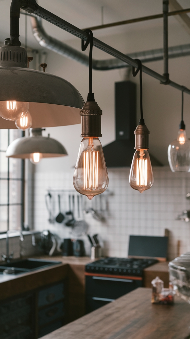 Craving a kitchen that's both stylish and seriously functional? This image showcases the perfect blend of industrial chic and minimalist design. Exposed bulbs cast a warm, vintage glow against a backdrop of sleek metal fixtures, creating a dynamic lighting scheme that's as practical as it is aesthetically pleasing. The result? A space that's both inviting and undeniably cool.
