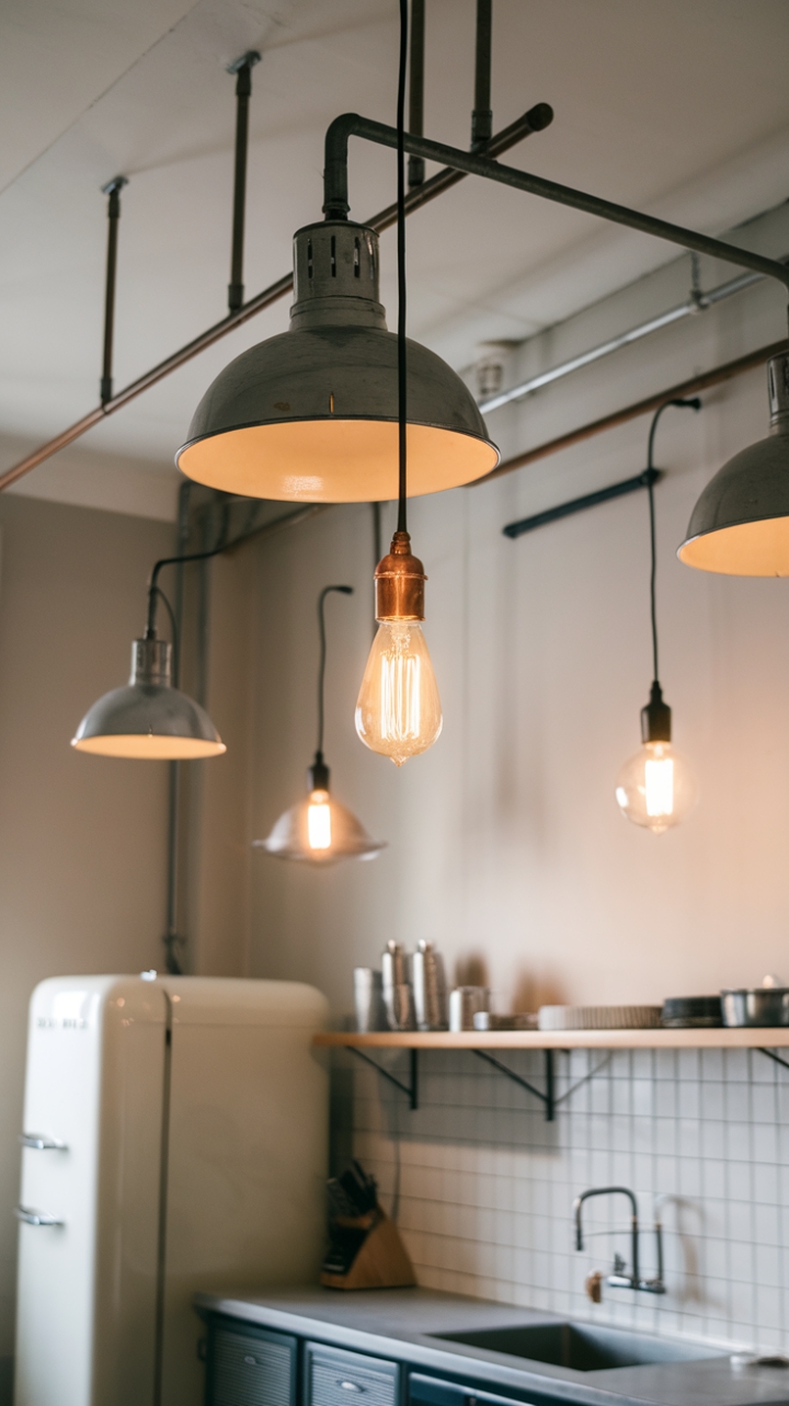 Ready to revamp your kitchen? This minimalist industrial space, bathed in the warm glow of vintage pendant lights and punctuated by sleek metal fixtures, is the perfect blend of raw and refined. The strategic mix of industrial, warehouse, and task lighting creates a functional yet stylish atmosphere, proving that less is truly more.