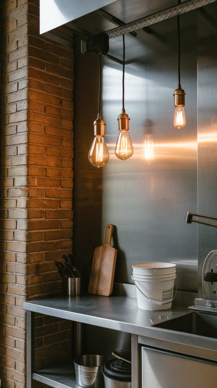 Raw urban grit meets minimalist cool in this industrial kitchen. Vintage pendant lights cast a warm glow on a sleek metal workstation, where the gleam of tools and a pristine white bucket hint at both function and style. Exposed brick and metal create a dramatic backdrop, showcasing the beauty of honest materials.