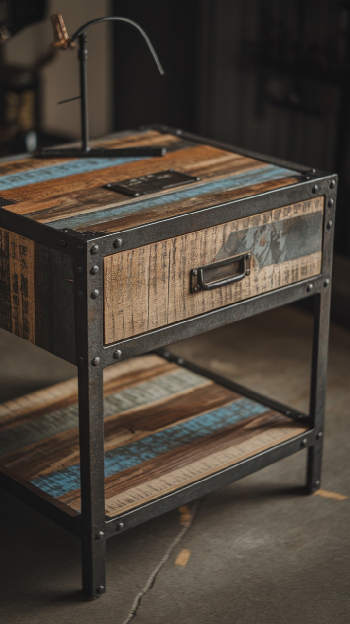 Reclaimed wood whispers tales of time past, its weathered texture a stark contrast to the sleek, industrial metal frame. This nightstand isn't just furniture; it's a statement piece, perfectly at home in your urban loft. The dark background only enhances its rugged charm.