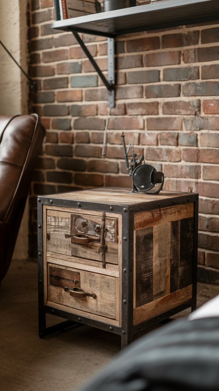 Raw, honest, and undeniably chic. This rustic-industrial nightstand is the perfect blend of vintage soul and modern design. Its distressed wood and aged metal speak to a history of craftsmanship, while its clean lines and functionality seamlessly integrate into any contemporary space. The perfect piece to add character and warmth to your urban haven.