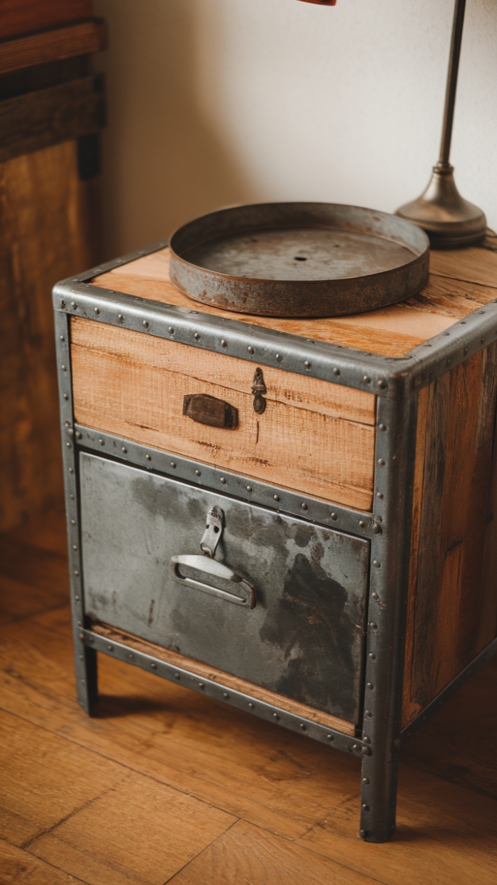 Industrial chic meets vintage romance in this one-of-a-kind nightstand. The blend of weathered wood and sturdy metal, complete with charming imperfections, adds instant character to any bedroom. A perfect perch for your bedside lamp, it's a statement piece that blends seamlessly with modern and traditional styles alike.