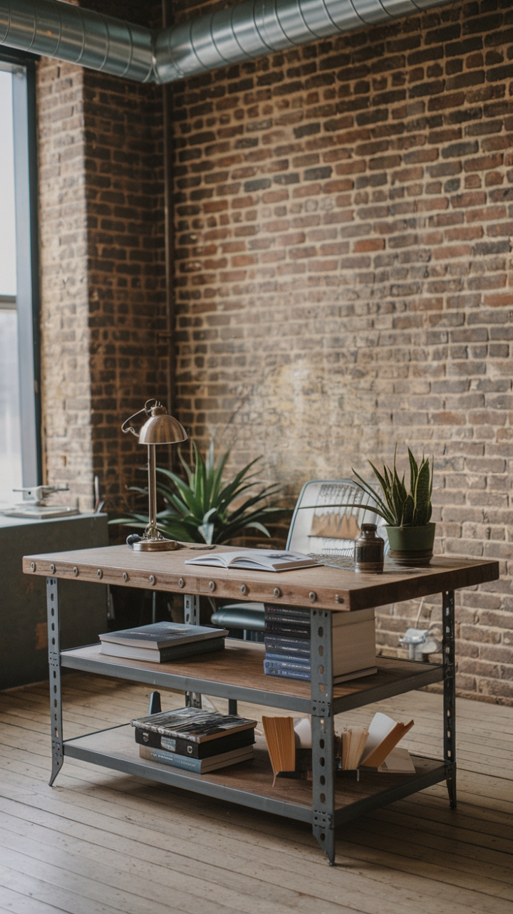 Raw brick, exposed pipes, and the rich patina of a vintage work table—this loft office is a masterclass in industrial chic. A simple lamp, a thriving plant, and a carefully curated collection of books add personality and warmth to this undeniably stylish workspace.